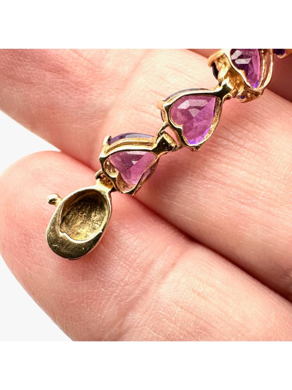 14K Gold Purple Amethyst Braceket Heart Stones Tennis Style 6.5 inch - Picture 6 of 7